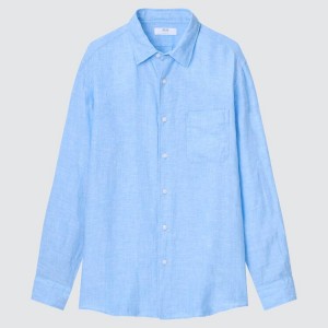 Camisas Uniqlo 100% Premium Linen Hombre Azules | 60732-JFAS