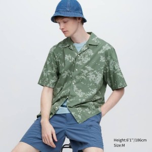 Camisas Uniqlo Algodon Blend Casuales Printed Corta Sleeved (Open Collar) Hombre Verde | 08674-TQPI