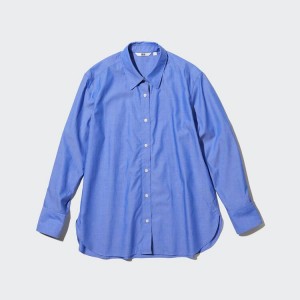 Camisas Uniqlo Algodon Chambray Long Sleeved Mujer Azules | 97523-BYEI