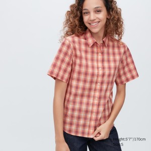 Camisas Uniqlo Algodon Checked Corta Sleeved Mujer Rosas | 56471-AFEO