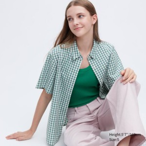 Camisas Uniqlo Algodon Checked Corta Sleeved Mujer Verde | 39620-UGBA