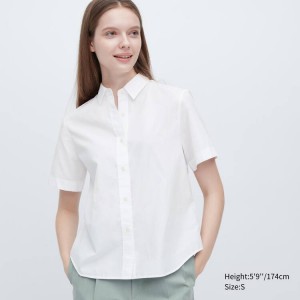 Camisas Uniqlo Algodon Corta Sleeved Mujer Blancas | 09432-QVMN