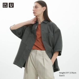 Camisas Uniqlo U Oversized Corta Sleeved Trabajo Mujer Gris Oscuro | 21693-YOHI