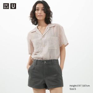 Camisas Uniqlo U Sheer A Rayas Corta Sleeved Mujer Rosas | 37982-MQDG