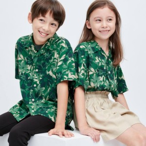 Camisas Uniqlo Viscose Printed Open Collar Corta Sleeved Niños Verde | 39672-OJWM