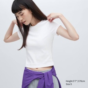 Camiseta Uniqlo Cropped Fit Corta Sleeved Mujer Blancas | 25380-ICVO