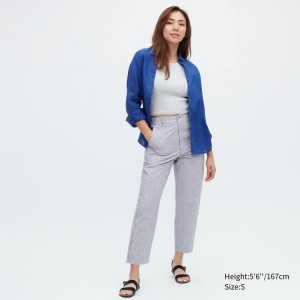 Pantalones Uniqlo Linen Algodon Blend A Rayas Tapered Mujer Azules | 03968-AFOW