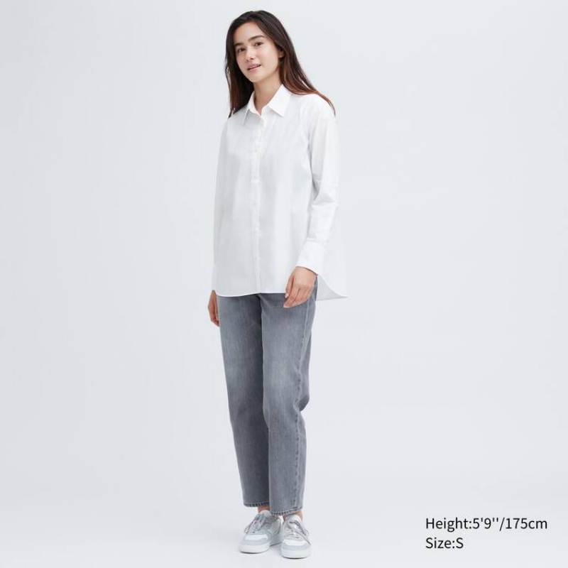 Camisas Uniqlo Algodon Long Sleeved Mujer Blancas | 34607-QRXB