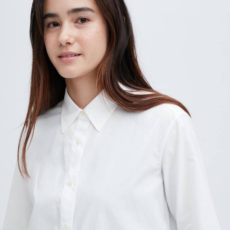 Camisas Uniqlo Algodon Long Sleeved Mujer Blancas | 34607-QRXB