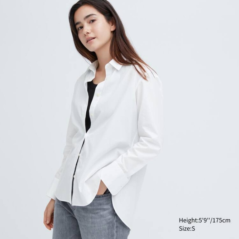 Camisas Uniqlo Algodon Long Sleeved Mujer Blancas | 34607-QRXB