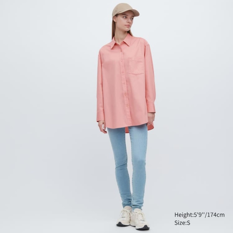 Camisas Uniqlo Algodon Twill Oversized Long Sleeved Mujer Rosas | 01653-ELYN