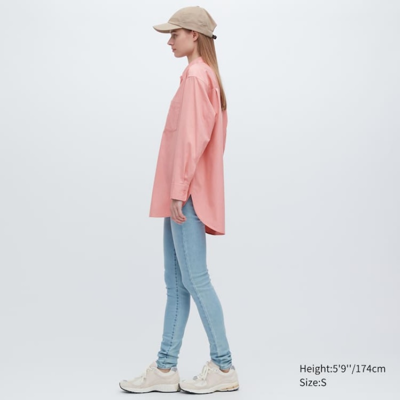 Camisas Uniqlo Algodon Twill Oversized Long Sleeved Mujer Rosas | 01653-ELYN