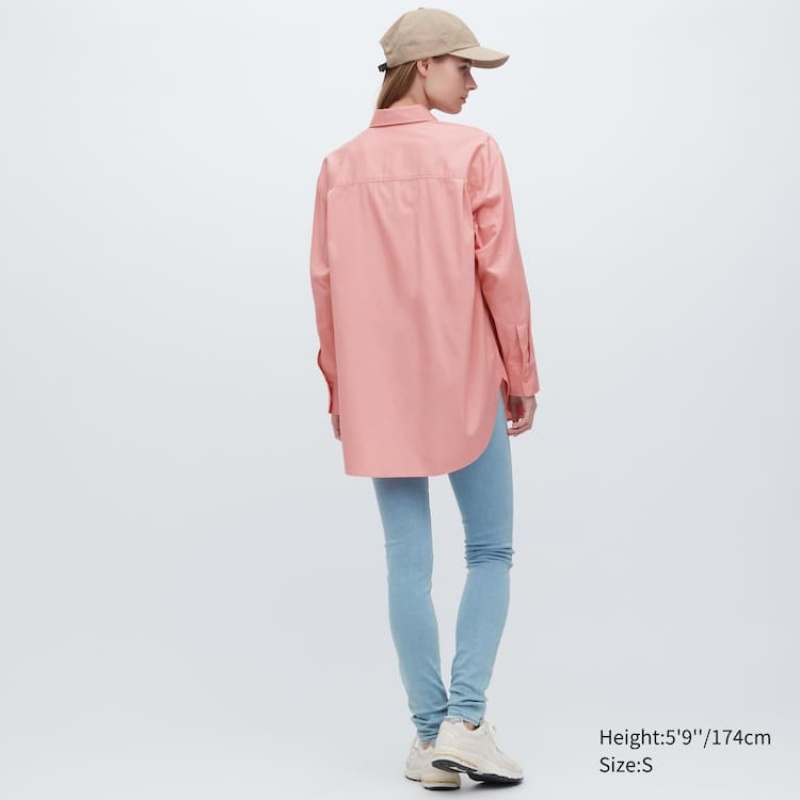 Camisas Uniqlo Algodon Twill Oversized Long Sleeved Mujer Rosas | 01653-ELYN