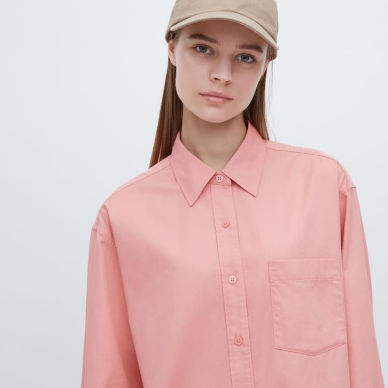 Camisas Uniqlo Algodon Twill Oversized Long Sleeved Mujer Rosas | 01653-ELYN