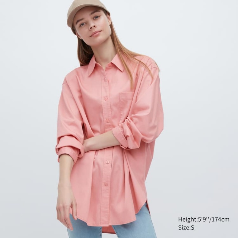 Camisas Uniqlo Algodon Twill Oversized Long Sleeved Mujer Rosas | 01653-ELYN