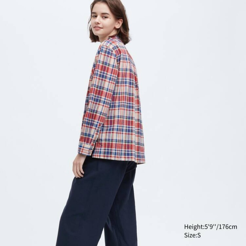 Camisas Uniqlo Ines De La Fressange Linen Algodon Blend Pintucked Long Sleeved Mujer Azules Rojas | 92047-SNFZ