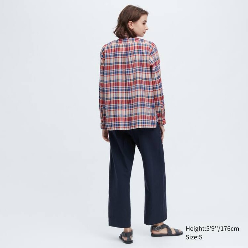 Camisas Uniqlo Ines De La Fressange Linen Algodon Blend Pintucked Long Sleeved Mujer Azules Rojas | 92047-SNFZ