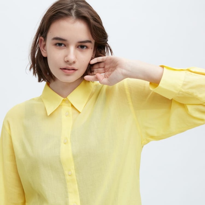 Camisas Uniqlo Ines De La Fressange Sheer Algodon Relaxed Fit Long Sleeved Mujer Amarillo | 92540-WQXZ