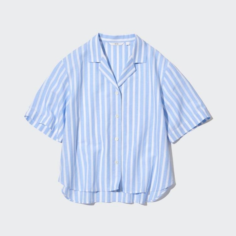 Camisas Uniqlo Linen Blend Corta Sleeve Mujer Azules Claro | 34786-URFO