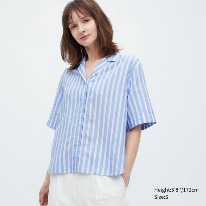 Camisas Uniqlo Linen Blend Corta Sleeve Mujer Azules Claro | 34786-URFO