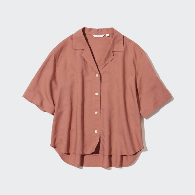 Camisas Uniqlo Linen Blend Open Collar Corta Sleeved Mujer Marrones | 21485-YHCI