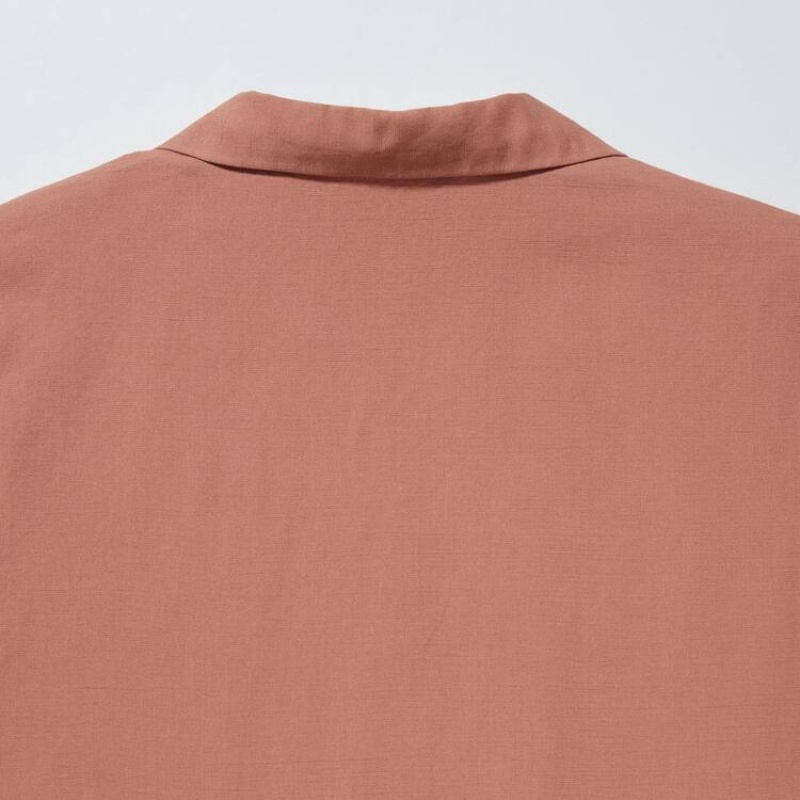 Camisas Uniqlo Linen Blend Open Collar Corta Sleeved Mujer Marrones | 21485-YHCI