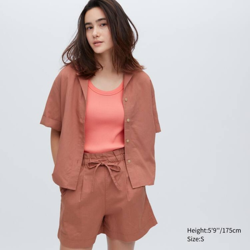 Camisas Uniqlo Linen Blend Open Collar Corta Sleeved Mujer Marrones | 21485-YHCI