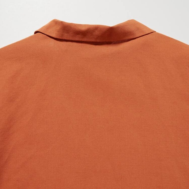 Camisas Uniqlo Linen Blend Open Collar Corta Sleeved Mujer Naranjas | 03569-KTFQ