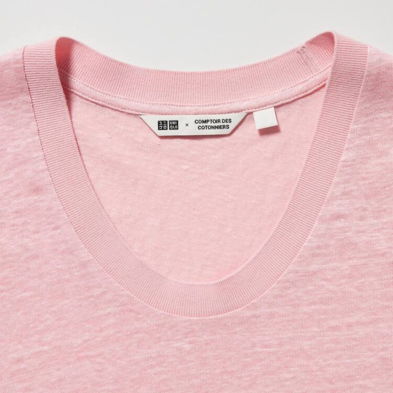 Camisas Uniqlo Linen Crew Neck Mujer Rosas | 52987-AWGK