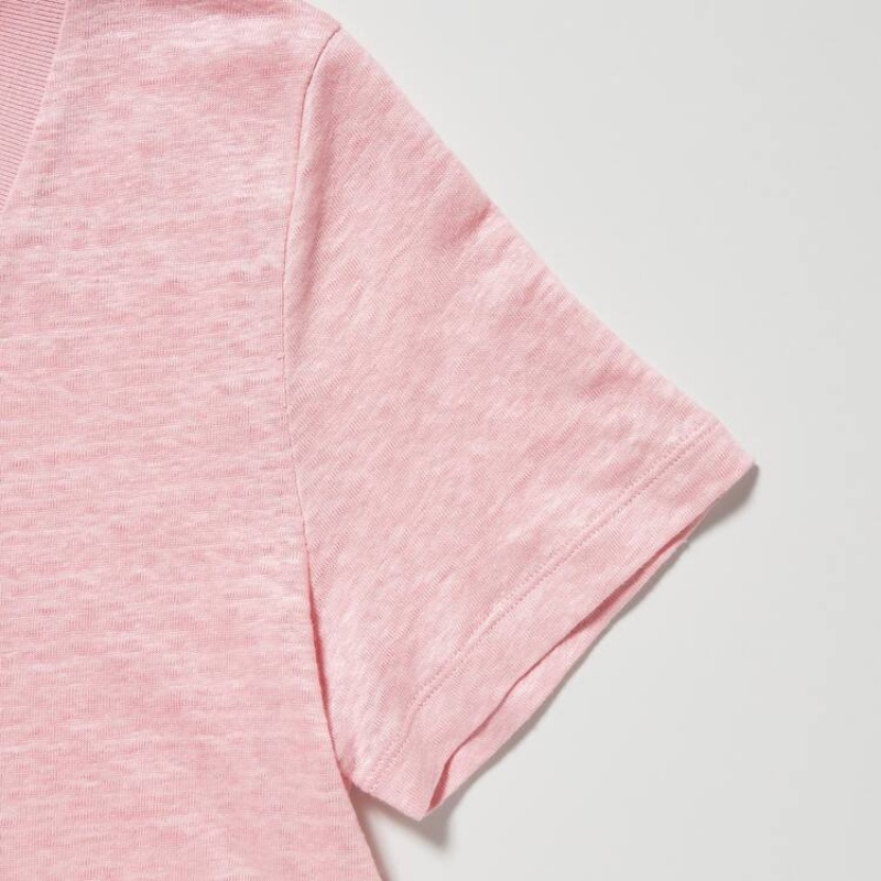 Camisas Uniqlo Linen Crew Neck Mujer Rosas | 52987-AWGK