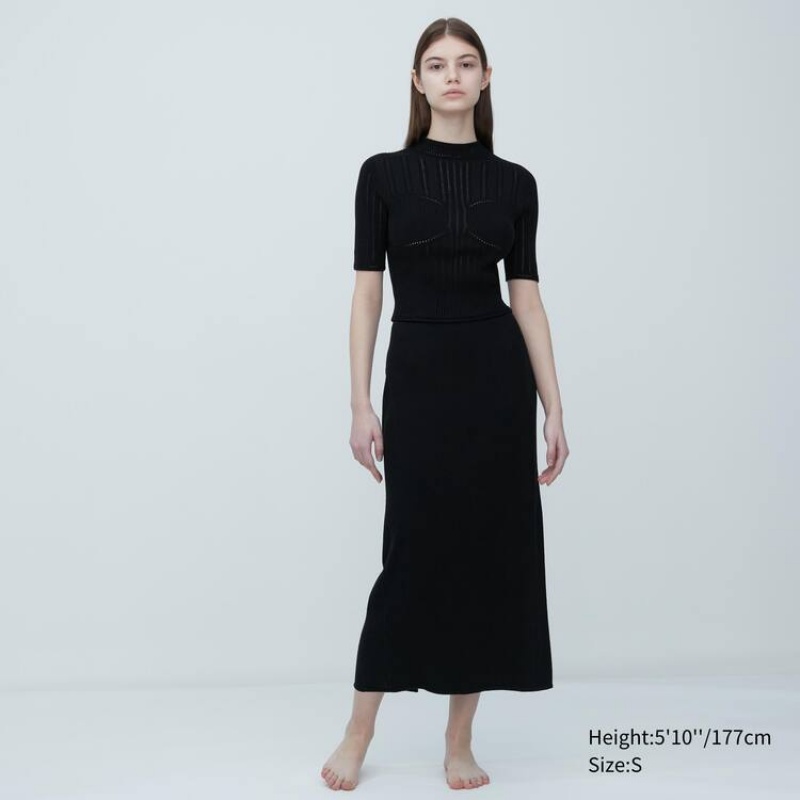 Camisas Uniqlo Mame Kurogouchi 3d Knit Seamless Mesh Half Sleeve Mujer Negras | 08456-OYEM