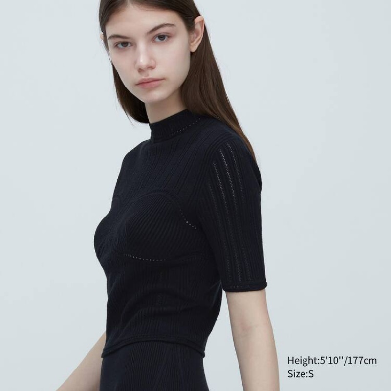 Camisas Uniqlo Mame Kurogouchi 3d Knit Seamless Mesh Half Sleeve Mujer Negras | 08456-OYEM