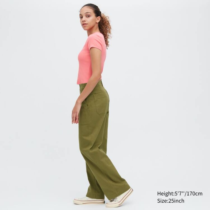 Pantalones Uniqlo Anchos Leg Baker Mujer Verde Oliva | 25916-RVKN