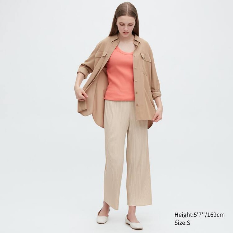 Pantalones Uniqlo Plisado Directo Leg Easy Mujer Beige | 15678-TNDM